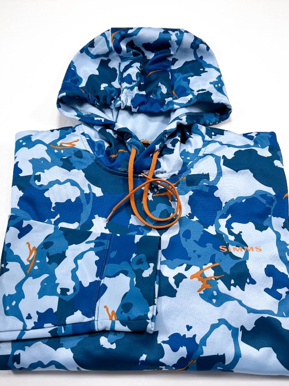 SIMMS Fishing Blue Camo Hoodie Men's M Outdoors Camping Lake Long Sleeve